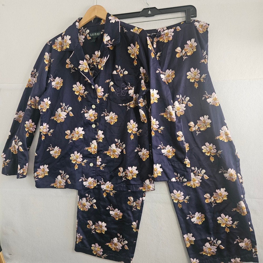 Lauren Ralph Lauren Navy Floral Sateen Pajama Set L Long Sleeve Button Down Top